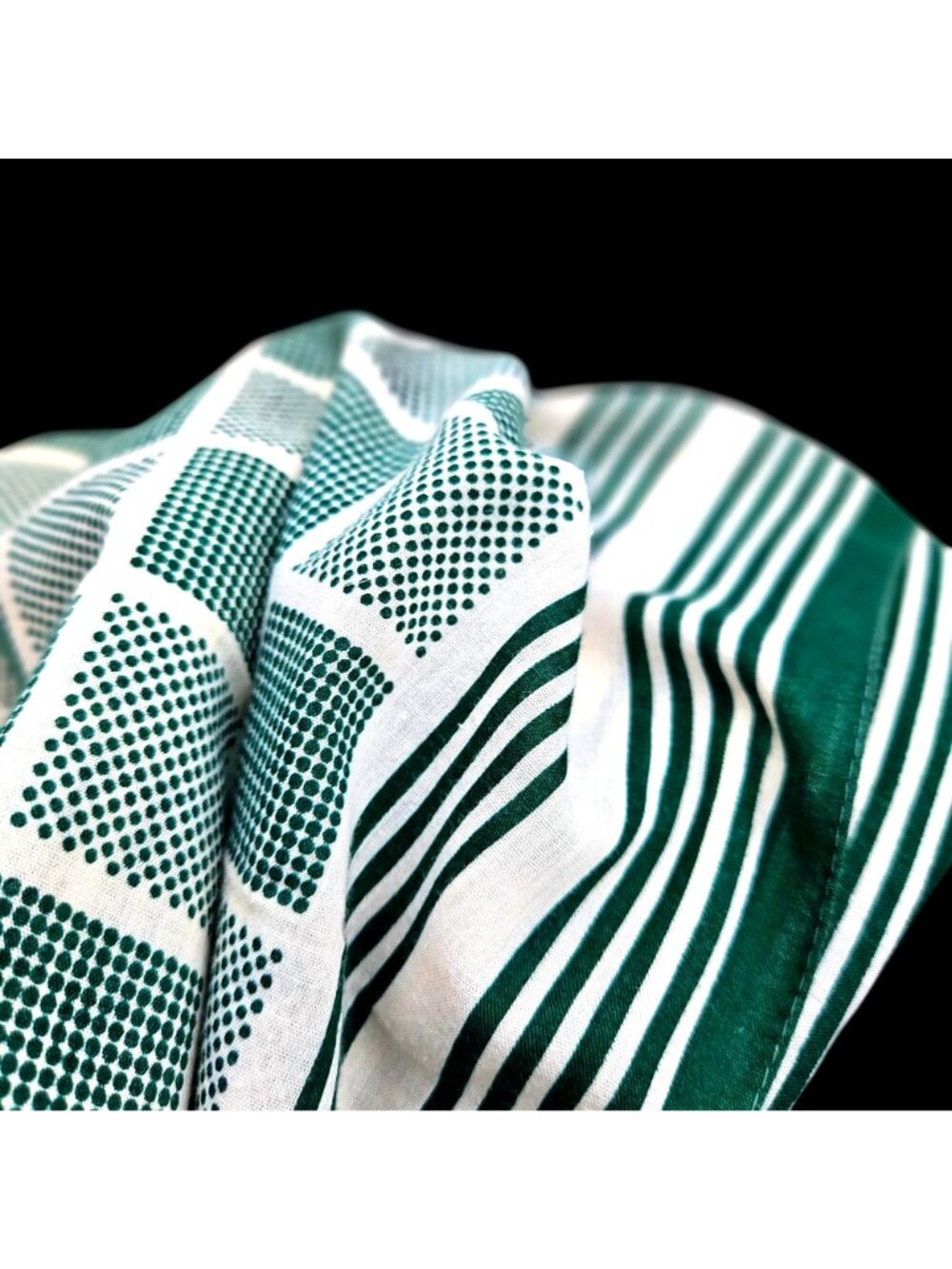 Vintage Echo Green White Stripe Grid Cotton Square Scarf 25x26 - Picture 5 of 9